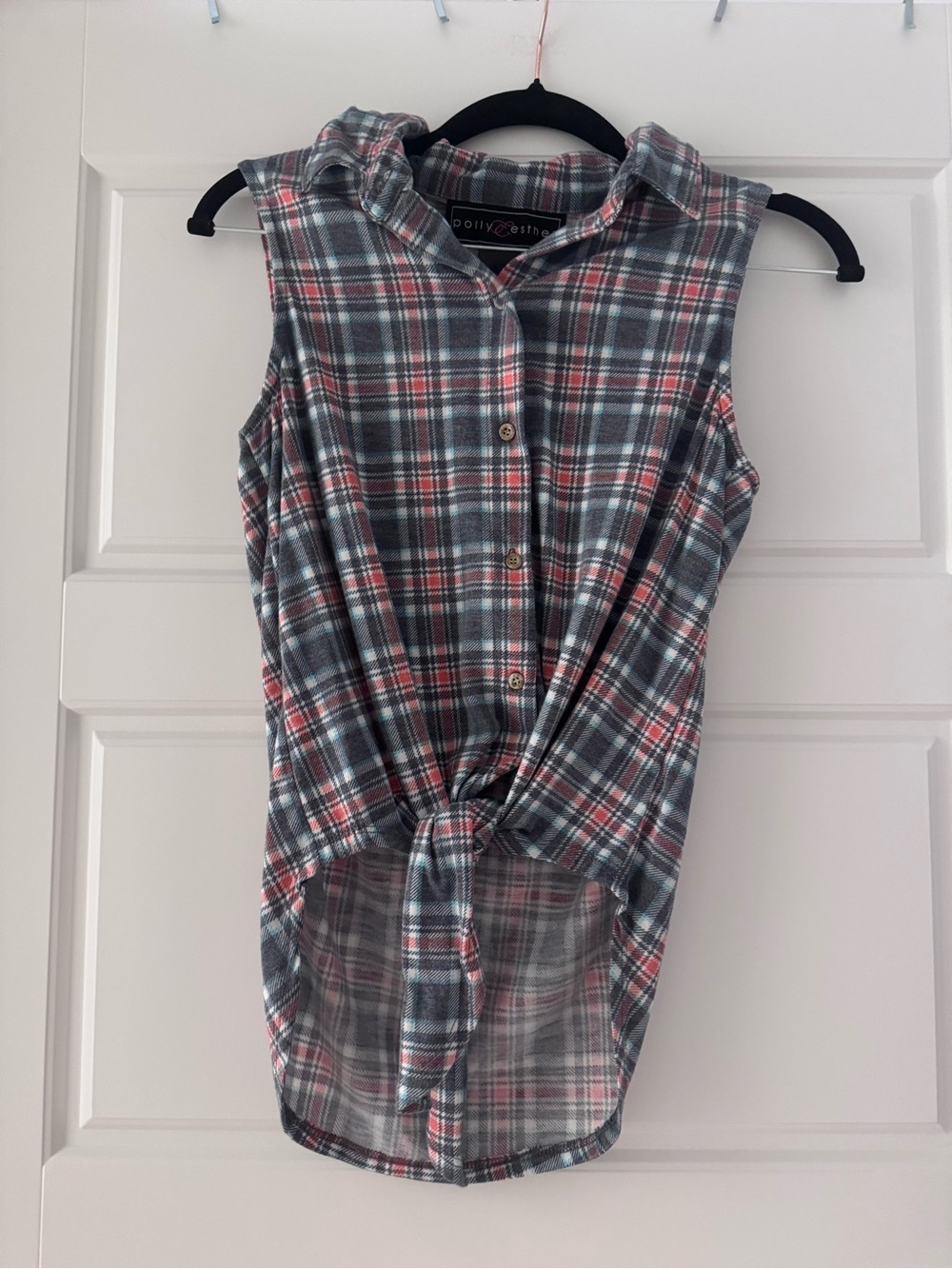 Polly & Esther Gray and Pink Plaid Sleeveless Button-Down Tie-Front Shirt